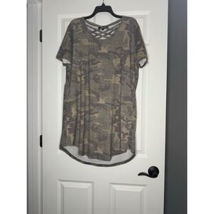 Lucky And Blessed Criss Cross Scoop Neck  Dress Camo Print  Multi Medium Pockets